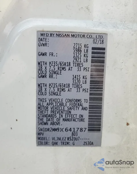 2018 Nissan Pathfinder S z USA, uszkodzony, nr VIN 5N1DR2MM9JC641787